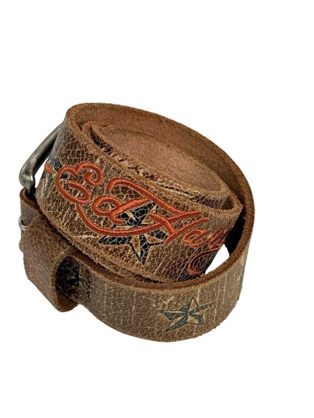 Ed Hardy Brown Leather Embroidered belt Y2K vintage Streetwear